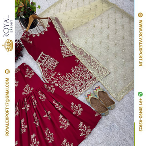 Ensemble de costume Sharara de qualité supérieure en faux georgette lourd avec broderie et travail de séquence, prix de gros - Product Image 6