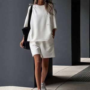 Conjunto de Dos Piezas para Mujer, Shorts por Encima de la Rodilla, Estilo Casual de Verano, Color Sólido, Cuello Redondo, Manga Corta, Elástico, Transpirable, Tejido de Punto Deportivo - Product Image 5