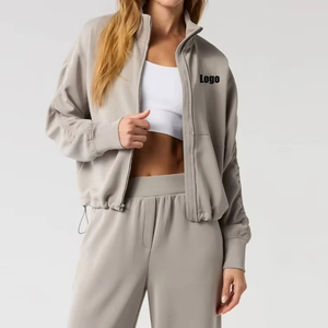 Vêtements à capuche à col montant pour entraînement en nylon imprimé décontracté de yoga à fermeture éclair pour femmes avec logo - Product Image 5