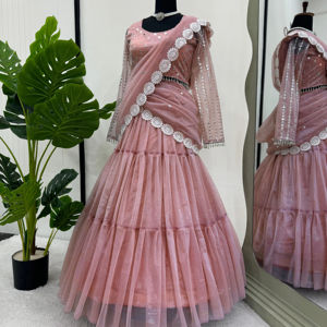 Hermoso Sari Lehenga listo para usar con estilo de volantes con goteo e hilo con Secuencia - Product Image 1