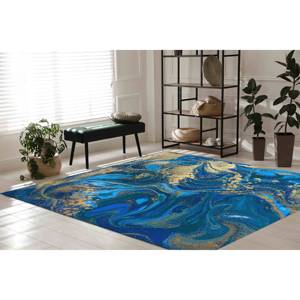 Tapis en encre alcoolisée bleu et or : Décoration de bureau scintillante, tapis en chenille - Product Image 3