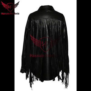 Veste en cuir véritable noir pour femme, style western, avec franges et pompons, coupe ample, en peau de mouton, manteau d'hiver personnalisé - Product Image 5