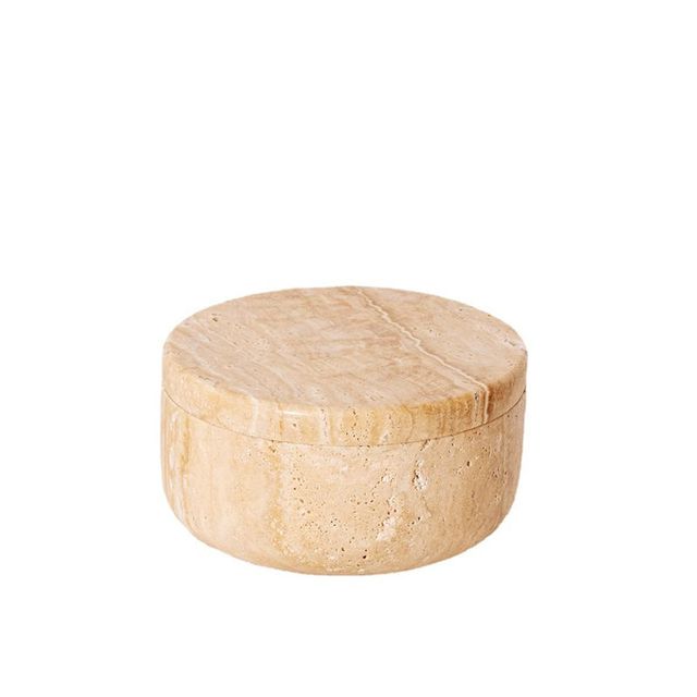 Round Marble Beige Travertine  Jewelry Display Stone Storage Candy Box Small with Lid