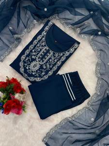 Lancement de nouveaux Designers Premium Kurta Pent Set KURTA FABRIC Roman Silk WORK Broderie - Product Image 6