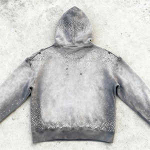 <b>Top</b> Supplier Streetwear <b>Cropped</b> Heavyweight Cotton Quarter-Zip Embroidered Acid Wash Oversized Rhinestone Distressed Hoodie - Product Image 2