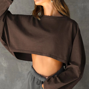 Sudadera con capucha de gran tamaño con hombros caídos de alta calidad para mujer, Tops cortos personalizados, cuello con capucha informal de Color sólido, estilo con patrón 3D - Product Image 1