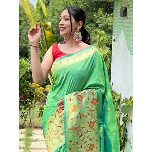 Hermoso Sari de Seda Paithani Tejido en Verde Mar con Blusa para Eventos de Boda - Product Image 1