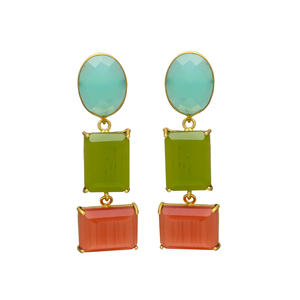 New Arrival Gold Plated Unique Design Dangle Earrings with Aqua Chalcedony Gemstone Brass Earrings - Product Image 1