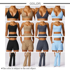 Ensemble de yoga et fitness 2 pièces côtelé sans couture pour femme, débardeur et soutien-gorge de sport avec poches, en molleton uni 100 % coton respirant - Product Image 3