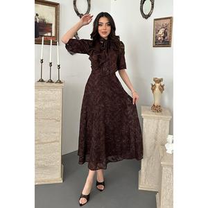 Vestido Azul con Lazo Marrón - Marrón - Product Image 1