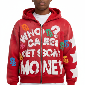 Sudadera con capucha unisex personalizable con cremallera, diseño de última generación, borlas y distintivos, bordado 3D desgastado con efecto descolorido por el sol, estilo oversize, cortavientos, fabricada en Pakistán. - Product Image 1