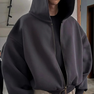 Unisex Oversized <b>Zip</b> <b>Hoodie</b> 100% Cotton Heavyweight Lined Solid Vintage Winter Streetwear Drop Shoulder Washed Fleece Sweatshirt - Product Image 3