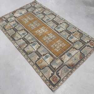3.9x6.4 ft Rug, Vintage Turkish Rug, <b>Brown</b> Striped <b>Wool</b> Rug - Product Image 2