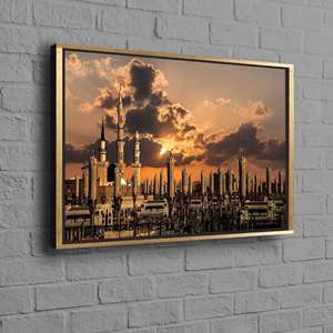 Toile imprimée paysage islamique au lever du soleil - Art du Masjid Nabawi - Cadre doré 1P, 1P-encadré or - Product Image 1