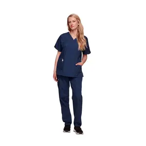 CHEROKEE V-NECK 탑 간호 세트 간호사 병원 유니폼 여성용 의료 유니폼 네이비 폴리에스터 면