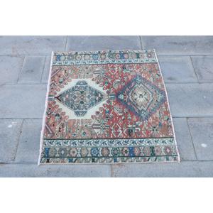 Turkish Small Rug 3.1x2.7 ft, <b>Red</b> Ikat Vintage <b>Wool</b> Rug - Product Image 4