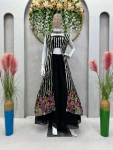 Premium 3 Piece Foux Gorgette Ensemble Fully Stitched <b>Shrug</b> with Thread Sequence Unstitched Choli with Micro Inner - Product Image 2