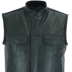Rivian Classic Black Biker Style Chaleco de cuero genuino de un solo pecho con cuello levantado en relieve con flecos ODM Supply para invierno - Product Image 5