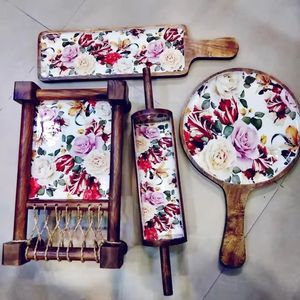 Platos de servicio de madera de acacia hechos a mano, bandejas multiusos de estilo rústico para cocina, comedor y Mesa - Product Image 1