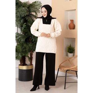 Ecru-Black 2 piezas Cremallera Detallada Truck Collar Knitwear Loose Fit Long Sports Top Pantalones para Otoño Invierno Ropa sólida - Product Image 5