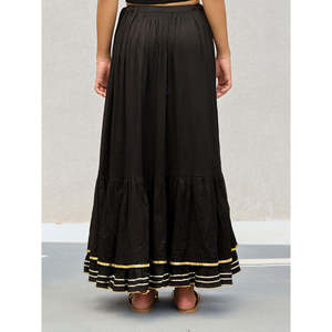 Black Mulmul Gota <b>Skirt</b> <b>with</b> <b>Elastic</b> <b>Waist</b> Breathable Corduroy Formal Work Style - Product Image 6