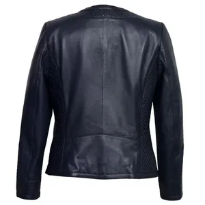 Chaqueta de cuero acolchado azul marino para mujer, chaqueta de cuero Nappa 100% para mujer, chaqueta de motorista de cuero genuino - Product Image 6