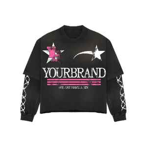 T-shirt de haute qualité Double couche longue personnalisée Double couche T-shirt graphique Chemises en coton à manches gaufrées T-shirt surdimensionné à vendre - Product Image 5