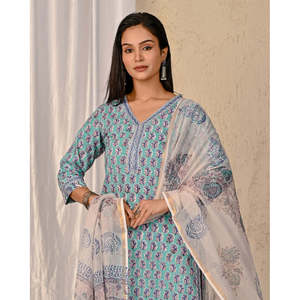 ชุดคุรตะผ้าฝ้ายพิมพ์ลายบล็อกสีเทอร์ควอยซ์ แขนสามส่วน สำหรับใส่ในชีวิตประจำวัน - Product Image 1