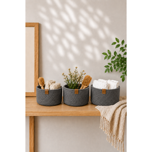 Three-Piece Smoke Grey <b>Knitted</b> Basket Set for Bathroom Use - Product Image 1