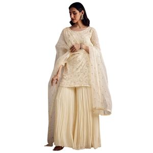 Ensemble Sharara brodé blanc cassé avec organza Dupatta Cérémonie de mariage élégante et tenue de festival Kurta Sharara - Product Image 2