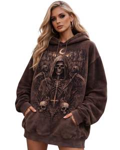 Sudadera con Capucha Gráfica de Calavera Gótica Marrón para Mujer, Sudadera Holgada de Estilo Urbano, Sudadera con Capucha de Forro Polar, Ropa Casual de Invierno - Product Image 2