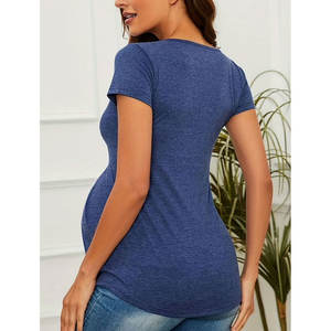 Top de maternidad de manga corta azul marino para mujer Camisa de embarazo sexy y de moda con pliegues con volantes Estilo de tanque suave - Product Image 5