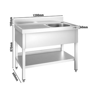 Évier commercial en acier inoxydable PREMIUM - 1200x600mm - avec cuve simple à droite - avec étagère inférieure - Product Image 2