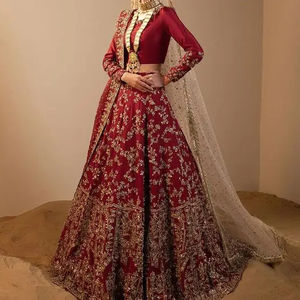 2023 última blusa de seda bordada Lehenga Dupatta vestido con cuentas de cristal Dabka trabajo bordado trabajo en Color granate - Product Image 1