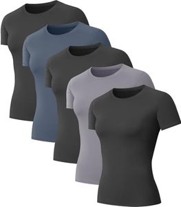 Paquete de 5 Camisetas Deportivas de Compresión para Mujer, Cuello Redondo, Ajustadas, de Poliéster, Manga Corta, Secado Rápido - Product Image 1