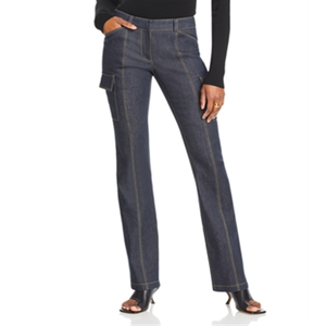 Pantaloni Cargo in Tela a Vita Alta Lvir Blu Navy Taglia L Traspiranti Casual in Denim con Lavaggio Scuro - Product Image 1