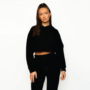 Sudadera con Capucha para Mujer, 80% Viscosa, 15% Poliéster, 5% Elastano, Hombros Caídos, Corte Holgado, Estilo Corto, Color Negro, Transpirable - Product Image 1