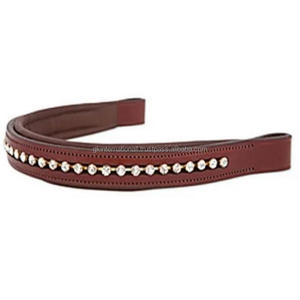 Bande de sourcils de cheval rembourrée en cuir véritable marron clair, luxe, canal vide, personnalisé avec 1 rangée de cristaux clairs, bande de sourcils bling - Product Image 1