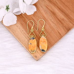 Boucles d'oreilles bohèmes en laiton avec jaspe abeille, bijoux ethniques faits à la main, plaqué or de haute qualité, commande en gros - Product Image 2