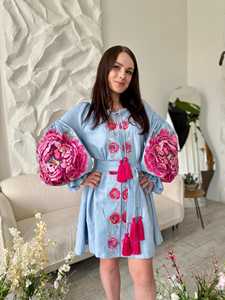 Vestido de lino azul bordado de nuevo estilo con mangas florales grandes Túnica de peonía con cinturón de estilo bohemio para mujer - Product Image 5