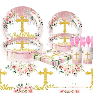 Ensemble de vaisselle jetable élégant à motif floral pour baptême, assiettes et gobelets en papier pour baby shower - Product Image 1