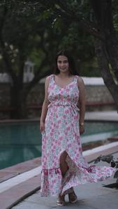 ชุดเดรสยาวระดับเข่า/น่องลายดอกไม้วินเทจสีขาวสีชมพูผ้าซาตินชุดเดรสยาวเข้ารูปชุดฤดูร้อนฤดูใบไม้ร่วงบาน - Product Image 2