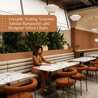 Mobiliario de Cafetería en Caramelo Cálido con Isla Ovalada y Silla Redonda de Terciopelo, Conjunto Completo para Interior de Cafetería Árabe