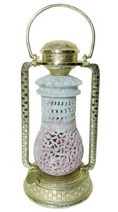 Porte-bougie à 3 bras en laiton sculpté avec pierre |   Support multi-niveaux en pierre ollaire pour bougies chauffe-plat et votives |   Centre de table moderne de luxe, candélabre - Product Image 6