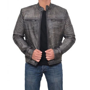 แจ็คเก็ตหนังแท้สีเทาเข้มสำหรับผู้ชายแจ็คเก็ตปกแบบมีซิปมีแถบซิปด้านหน้าทรงเข้ารูปสำหรับนักขี่จักรยานคลาสสิก - Product Image 1