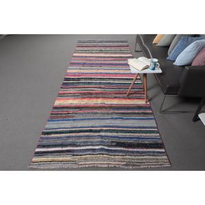 3.9x11.1 ft Vintage Rug, Turkish <b>Runner</b> Rug, Blue <b>Red</b> Abstract Wool Rug - Product Image 1