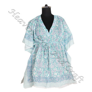 100% coton femmes vêtements de nuit main bloc imprimé caftan robe KFCS059 poids léger femmes décontracté Occasion porter courte Caftan robe - Product Image 4