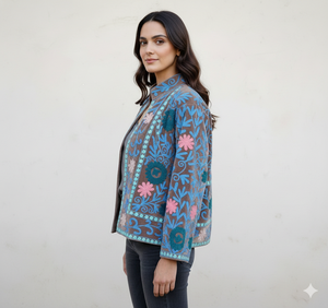 Jacket Velvet Suzani Embroidered Hand <b>Stitched</b> Floral Pattern Casual Style for Party Wear or Daily Use - Product Image 3