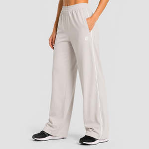 Pantalones Casuales de Mujer de Cintura Alta, Pierna Ancha, Transpirables, con Rayas Minimalistas, Tejidos, con Rayas Laterales, Color Blanco Arrugado - Product Image 1