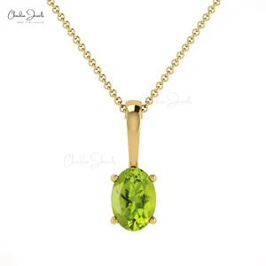 Designer Inspired 14K Real Gold Fine Jewelry Natural Gemstone Pendant Necklace For Women Oval Cut Green Peridot Pendant Supplier